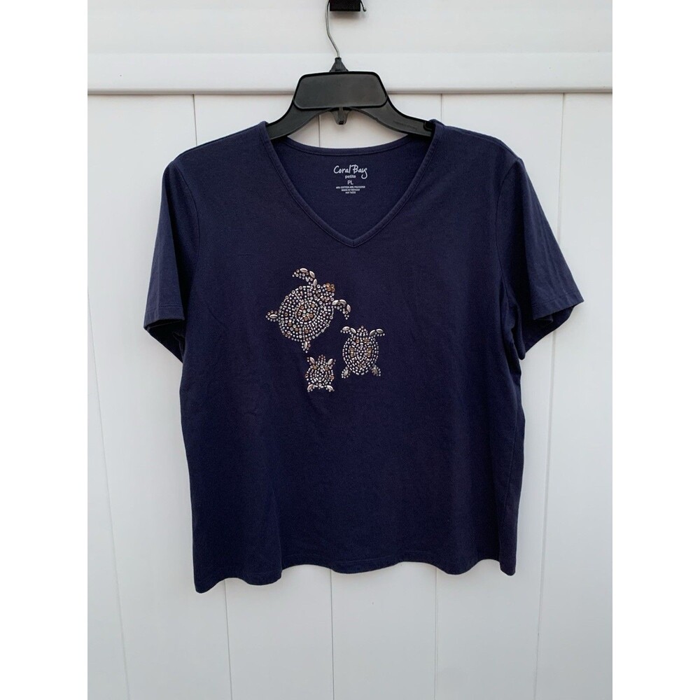 Coral Bay Womens T Shirt Sea Turtle Embellished Petite PL Blue Short Sleeve